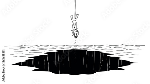 Diver descending into mysterious underwater abyss