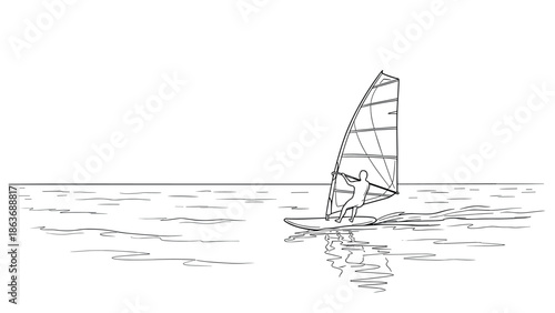 Minimalist line art of windsurfing on tranquil ocean waves