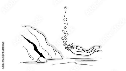 Underwater adventure: diver exploring a submerged cave in black and white drawing