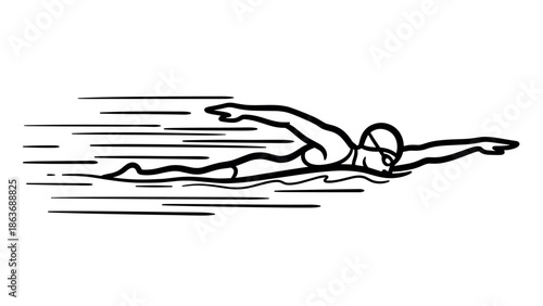 Dynamic swimmer in action: black and white linear design