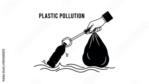 Reducing plastic pollution: hand using litter picker to clean water