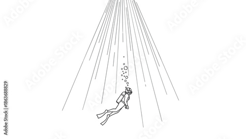 Minimalist scuba diver in open water with sun rays