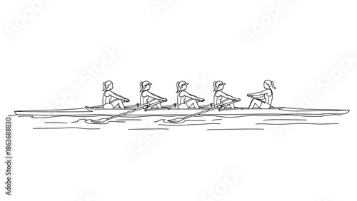 Rowing team sketch: linear outline of athletes in action on water