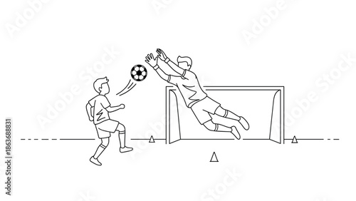 Dynamic linear outline of soccer goalkeeper in action and player shooting