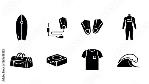 Surfing gear icons: minimalist set featuring surfboard, wetsuit, and accessories
