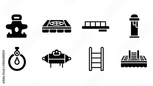 Set of nautical and marine silhouette icons with ship and dock elements