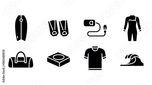 Surfing gear icons: modern black silhouettes of essential equipment
