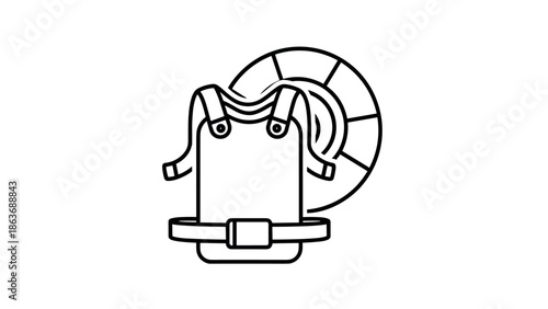 Linear lifeguard gear icon: whistle, life vest, hat for safety and rescue design