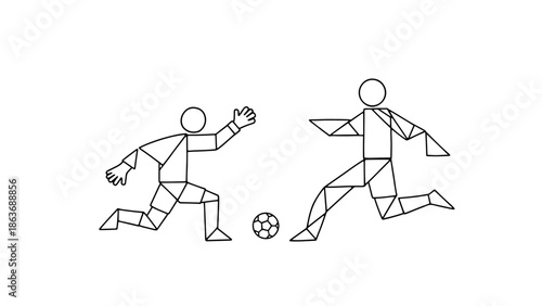 Geometric soccer players design: abstract line art of two players and a ball
