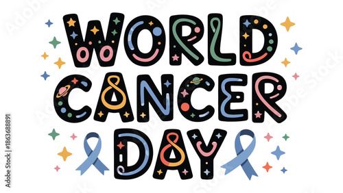 World Cancer Day: A vibrant illustration promoting awareness and support for World Cancer Day, showcasing symbolic ribbons and hopeful design elements.