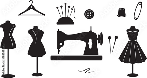 Sewing and Tailoring Tools Vector Set, Dress Form Mannequin Sewing Machine Icons Black White