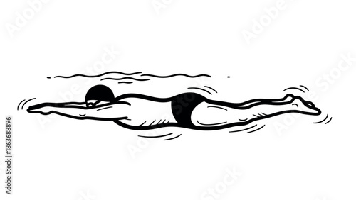 Dynamic swimmer in water: black and white line art of athletic movement
