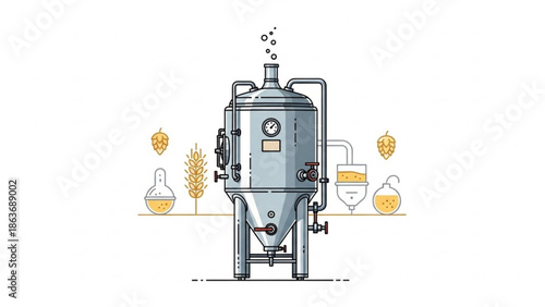 A large metal brewing equipment with pipes and gauges for making beer with wheat hops and beer ingredients on a white background with brewery