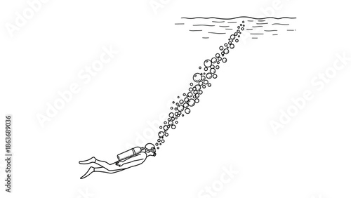 Diver exploring underwater with bubbles in minimalist line art style
