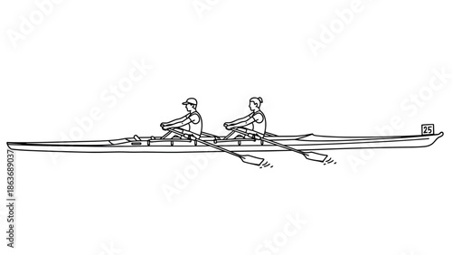Line art of a two-person rowing team on water