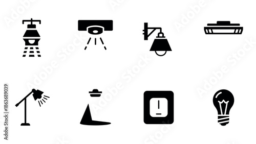 Minimalist lighting icons set: modern black silhouettes for interior design concepts