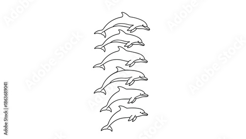 Minimalist dolphin line art featuring seven delicate ocean creatures