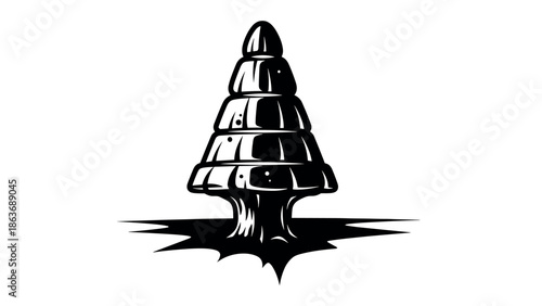 Monochrome stylized tree stump with mushrooms emerging from ground