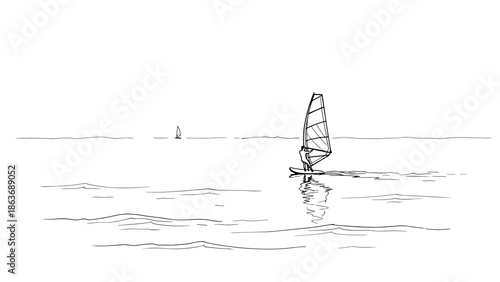 Minimalist line art of windsurfer on calm sea with horizon view