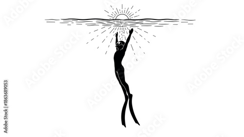 Freediver reaching the sun: minimalistic silhouette of a diver underwater