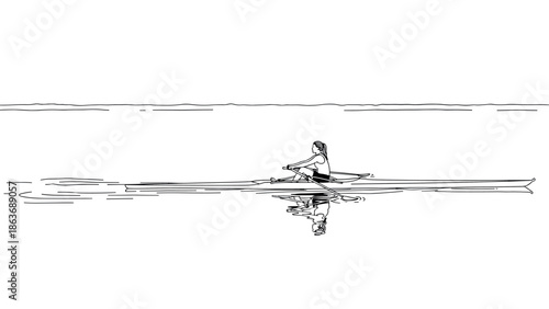 Minimalist outline of woman rowing on calm water