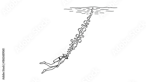 Linear minimalist diver underwater with bubbles in black and white drawing