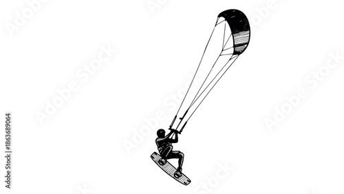 Dynamic kiteboarding silhouette: extreme sport action in black and white