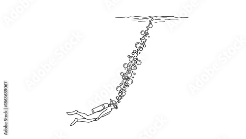 Scuba diver underwater with oxygen bubbles in minimalist outline style