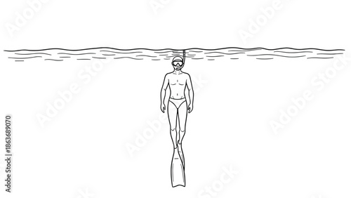 Diver floating underwater with snorkel gear in linear style