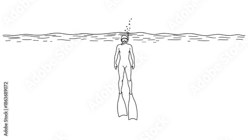 Diver with snorkel and fins floating in minimalist black and white line art