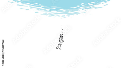 Lonely diver in minimalist underwater scene with blue ripples above