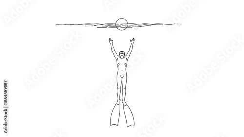 Minimalist diver breaking the water surface in linear style