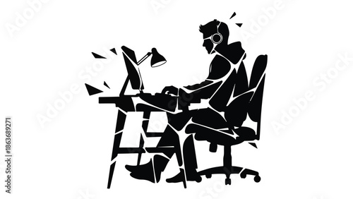 Focused programmer working late at a desk, fragmented by intense concentration