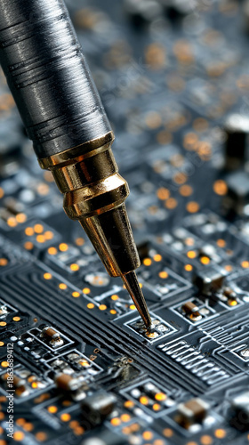 Close-up of soldering on an electronic circuit board, showing precision work, glowing solder joints, and detailed components in a technical and engineering environment.
