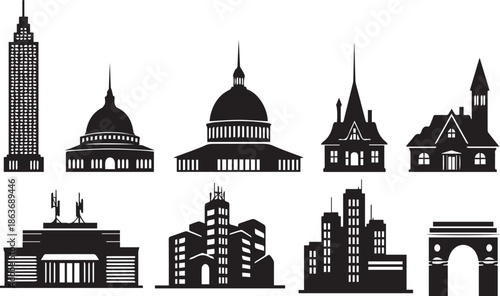City skyline silhouettes of famous buildings and landmarks