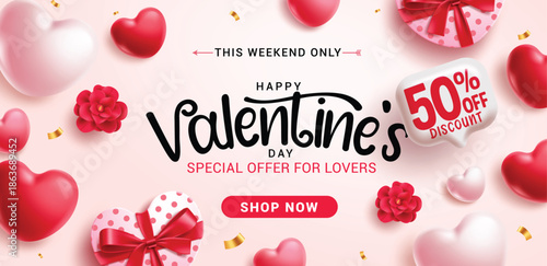 Valentine's day weekend Sale clipart banner design. Happy Valentine's day greeting card with 50% off discount promo clip art for lovers and couple shopping banner sale template vector illustration.
