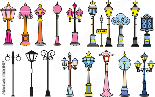A vibrant collection of 16 unique street lamps in various colors and designs