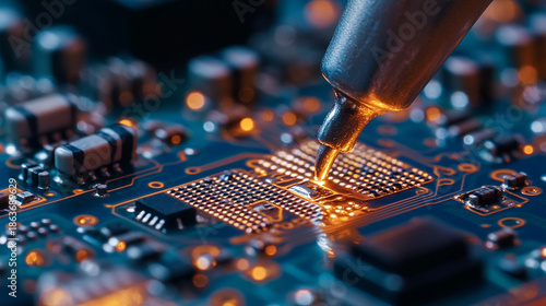 Close-up of soldering on an electronic circuit board, showing precision work, glowing solder joints, and detailed components in a technical and engineering environment.
