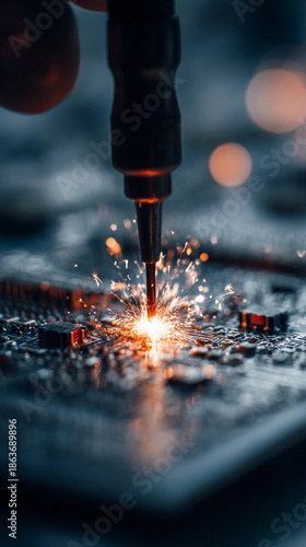 Close-up of soldering on an electronic circuit board, showing precision work, glowing solder joints, and detailed components in a technical and engineering environment.
