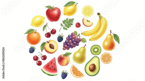 Watercolor Fresh Fruits Illustration Set with Colorful Organic Food Elements