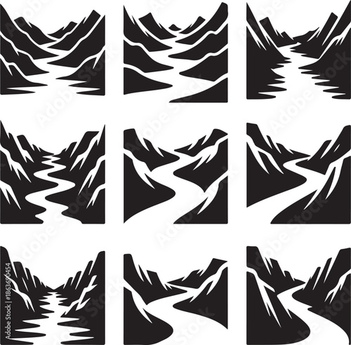set of mountain landscape silhouettes with winding rivers