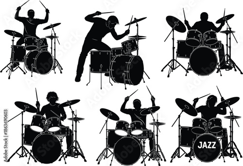 Dynamic Silhouettes of Drummers in Action

Expressive Drum Kit Players in Silhouette Style

Energetic Percussionist Silhouettes with Jazz and Rock Vibes

Musicians Playing Drum Kits in Rhythmic Pose