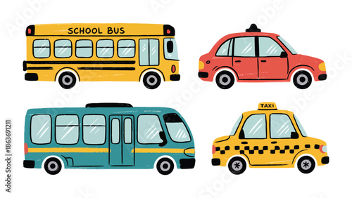 Transportation Collection: Illustrative assembly of a vibrant taxi and school bus collection, showcasing the dynamic world of vehicles, and urban mobility.