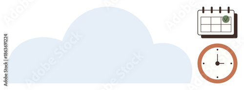Cloud computing, time planning, task scheduling, productivity, workflow organization, data storage. Blue cloud shape, calendar with checkmark clock icon. Time management and scheduling concept