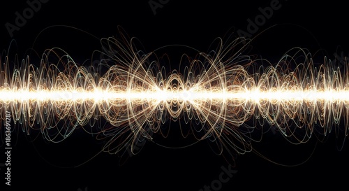 Digital abstract visualization illustrating complex harmonic frequency energy fields and intersecting wave interference structures, colorful, physics, graphic