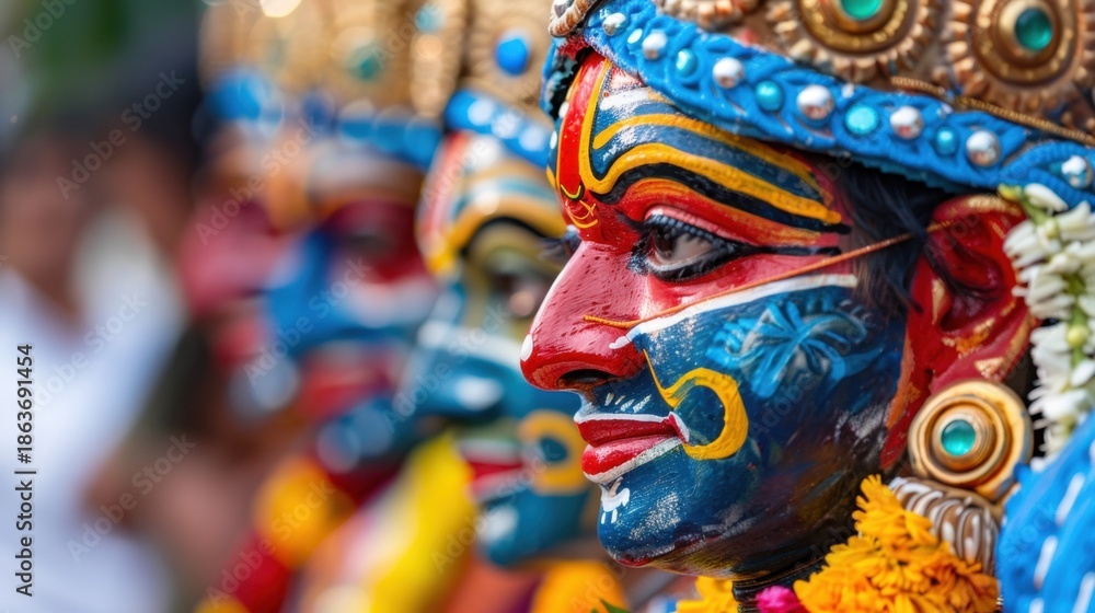 Fototapeta premium Colorful Traditional Masks of Dancers Celebrating Cultural Festival with Intricate Designs and Vibrant Colors