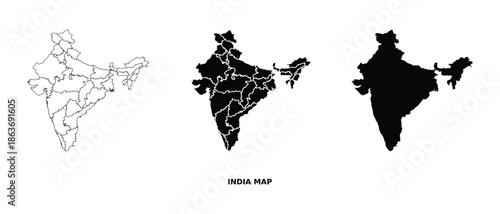 India map vector set with state and administrative divisions in black and white illustration