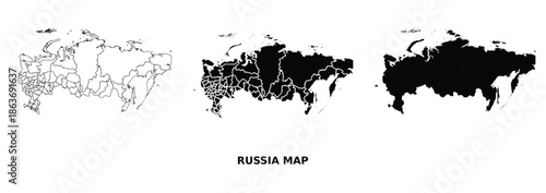 Russia map vector set with administrative regions in black and white, large country outline illustration