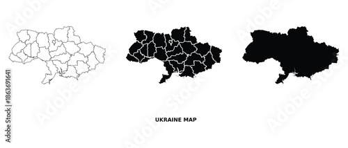 Ukraine map vector set with administrative divisions in black and white, country outline illustration