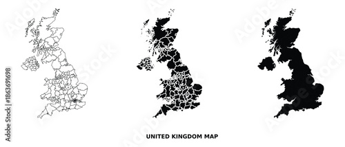 United Kingdom map vector set with administrative regions in black and white, political country outline illustration
